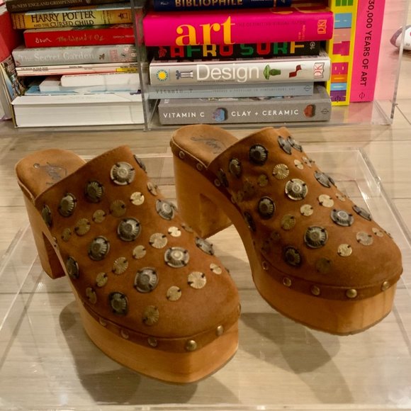 Free People Claudia Embellished Suede Clog Platform Sandal In Brown/Tan-Size 38 - Picture 1 of 14